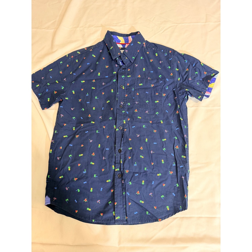 Eighth Avenue Mens Navy Blue Tropical Pineapple Palm Tree Cotton Shirt Size M